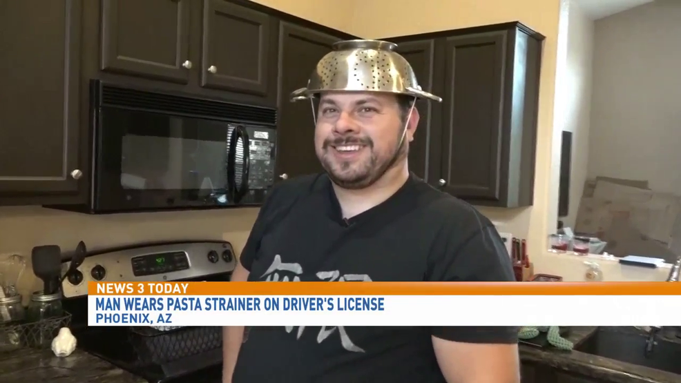 Arizona man gets approval to wear pasta strainer on his head in Driver