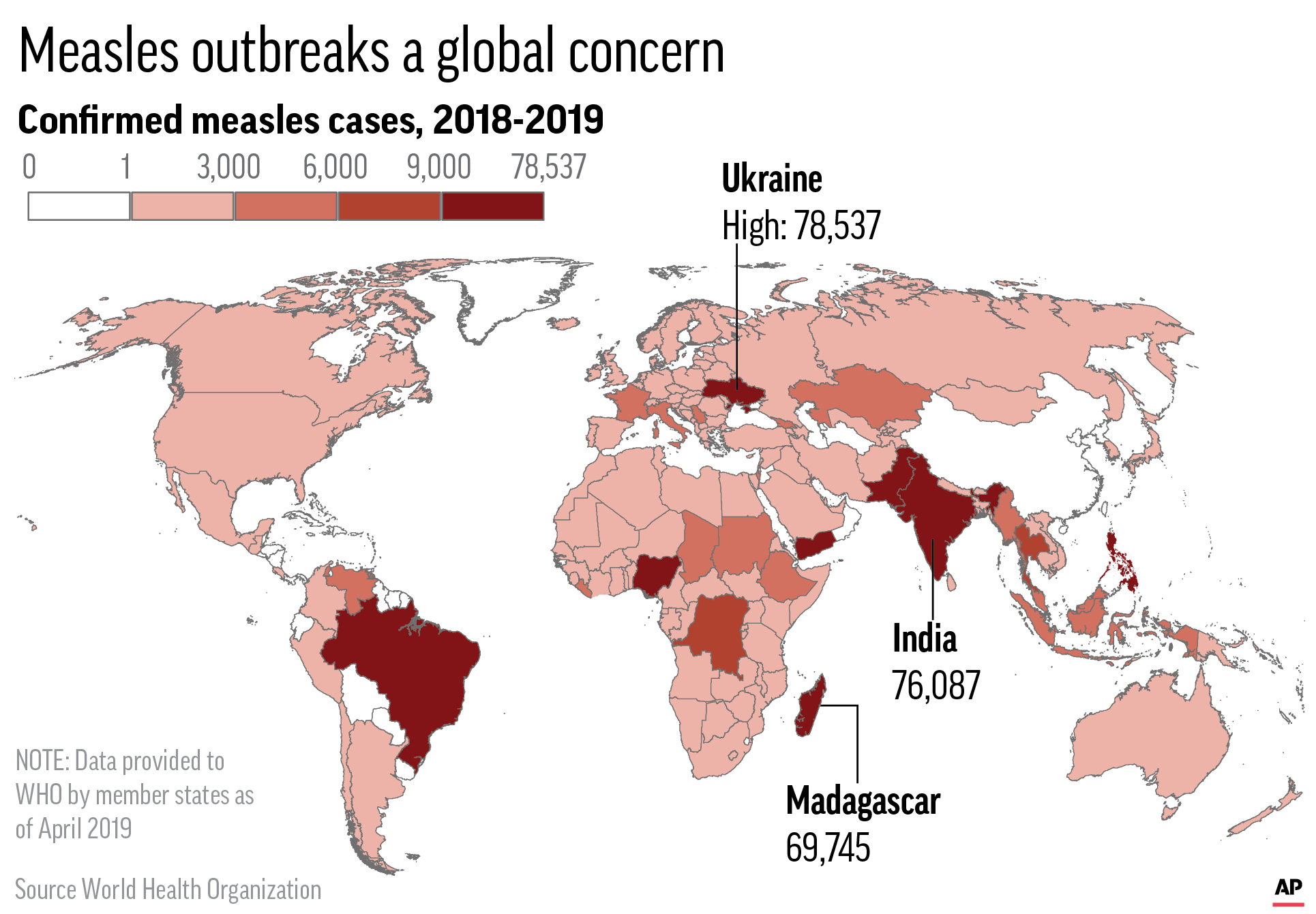 map reveals the number of who reported measles cases around the