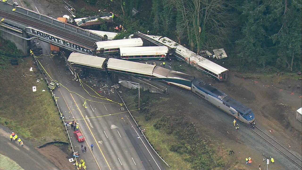 Photos Amtrak train plunges off tracks, closes I5 south of KOMO